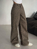 DAZY Women'S Leopard Print Loose Pocket Casual Versatile Denim Jeans Y2K