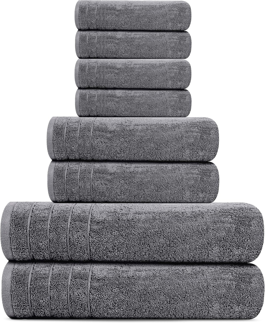 Pack of 8 Towels Set, 2 Extra Large Bath, 2 Hand, 4 Washcloths, 100% Cotton, Lighter Weight, Quicker to Dry, Super Absorbent, Perfect for Bathroom, Dark Grey