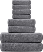 Pack of 8 Towels Set, 2 Extra Large Bath, 2 Hand, 4 Washcloths, 100% Cotton, Lighter Weight, Quicker to Dry, Super Absorbent, Perfect for Bathroom, Dark Grey