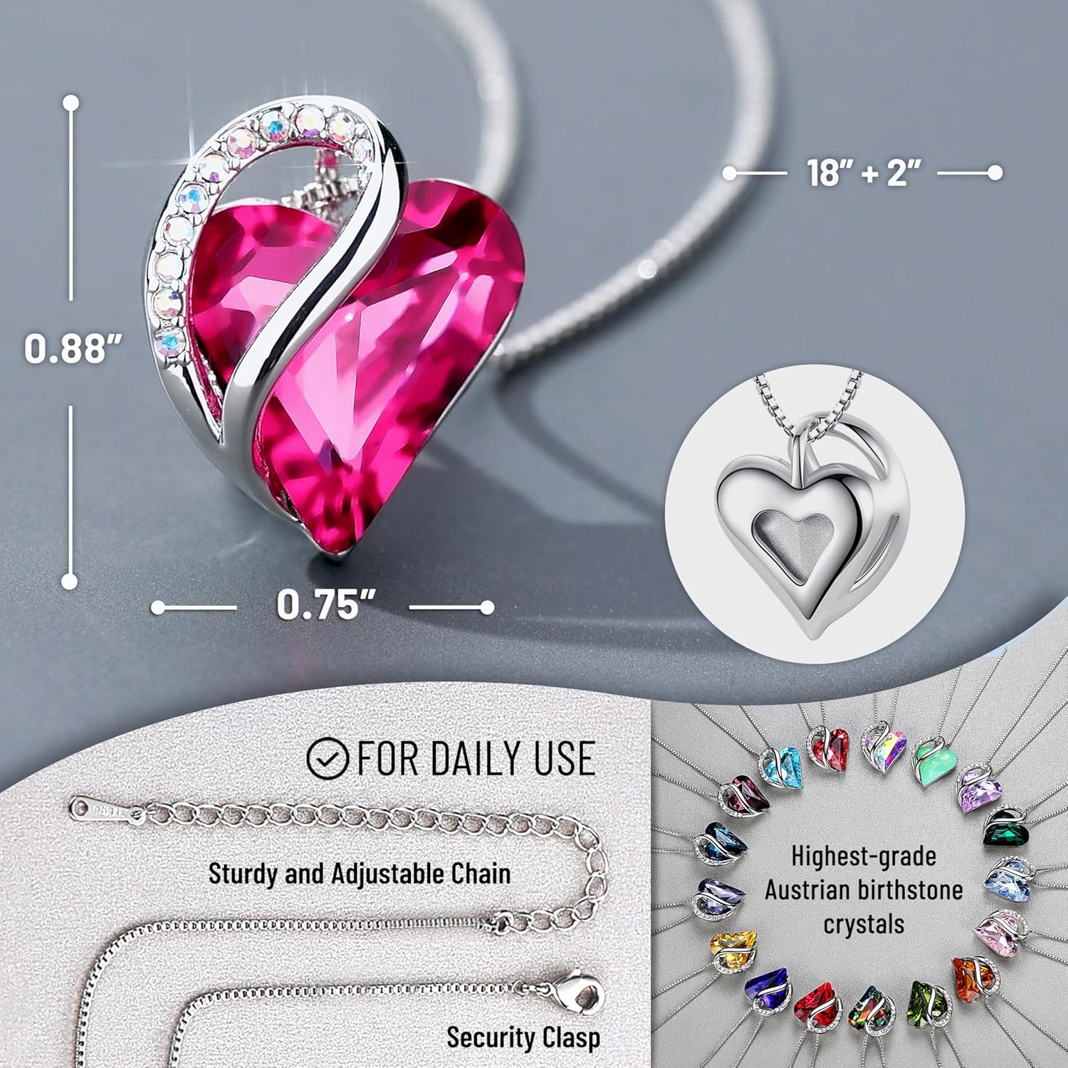 Necklaces for Women, Infinity Love Birthstone Heart Crystal Pendant, Birthday Jewelry Gifts for Her, Mom, and Wife, Silver Plated, 18 plus 2 Inch Adjustable Chain