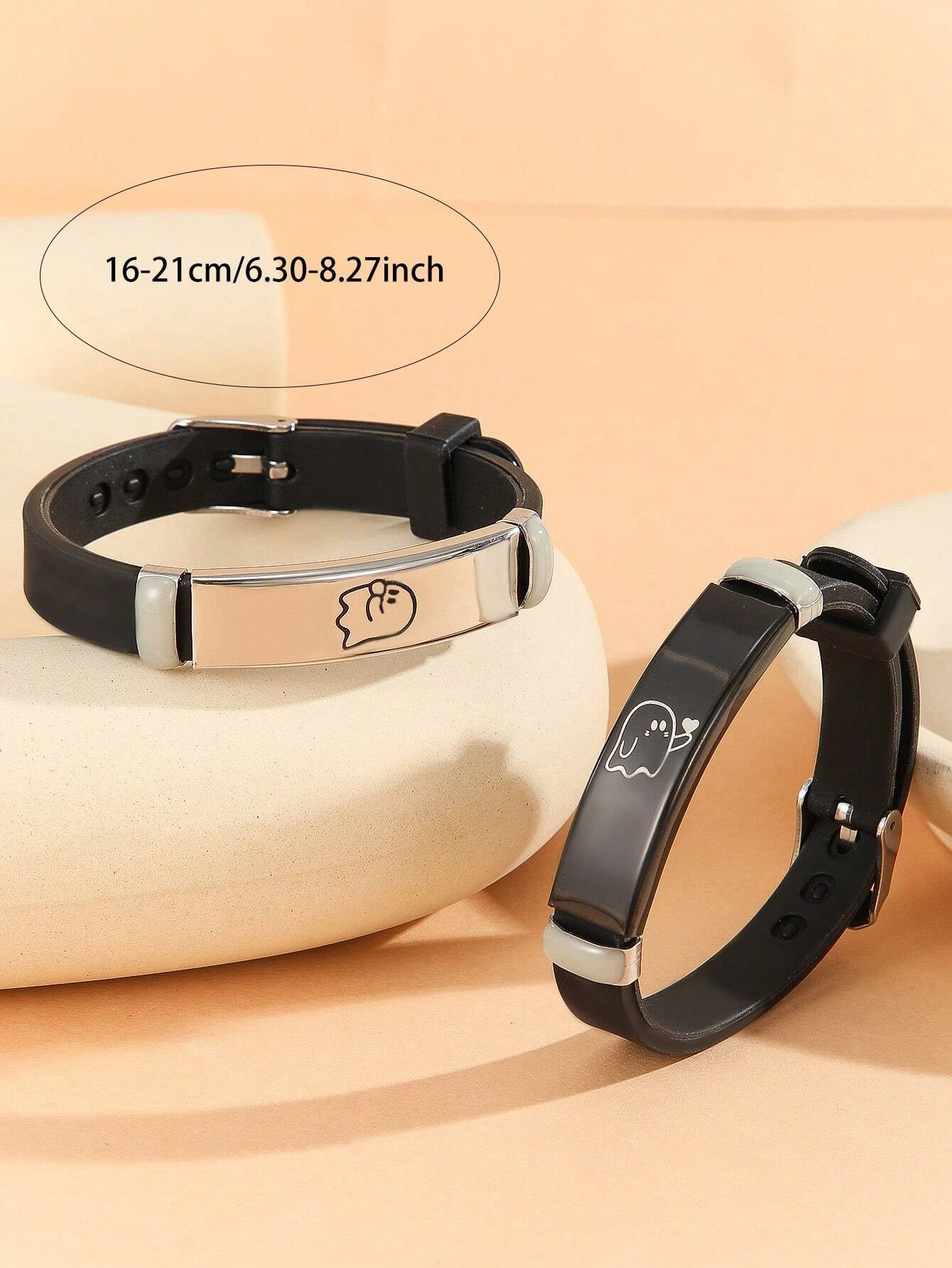 ATLVXJL 2Pcs/Set Couple Matching Bracelets Blow Kisses to Show Love Know You Love You Patternblack Silvery Stainless Steel Jewelry Set Charm Silicone Bracelet Luminous Glow in the Dark for Women Valentine'S Day Gift or Loved Ones Holiday Couple Gifts