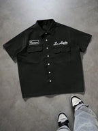 PAVTROS Manfinity Streetrush Manfinity Streetrush Men'S Loose Fit Utility Pocket Design Casual Shirt, Blue Button-Up Short Sleeve Shirt, Multi Pocket Casual Shirt, Graphic Los Angeles Reviewer Mechanic Shirt