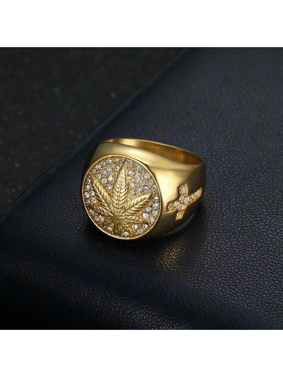 Hip Hop Maple Leaf Rhinestone Men'S Ring - Hip Hop Style Alloy Single Ring with Rhinestone Mosaic, Non-Plated Fashion Jewelry Statement Piece - for Men - Suitable for Parties & Everyday Wear - Perfect Gift for Fashion Lovers