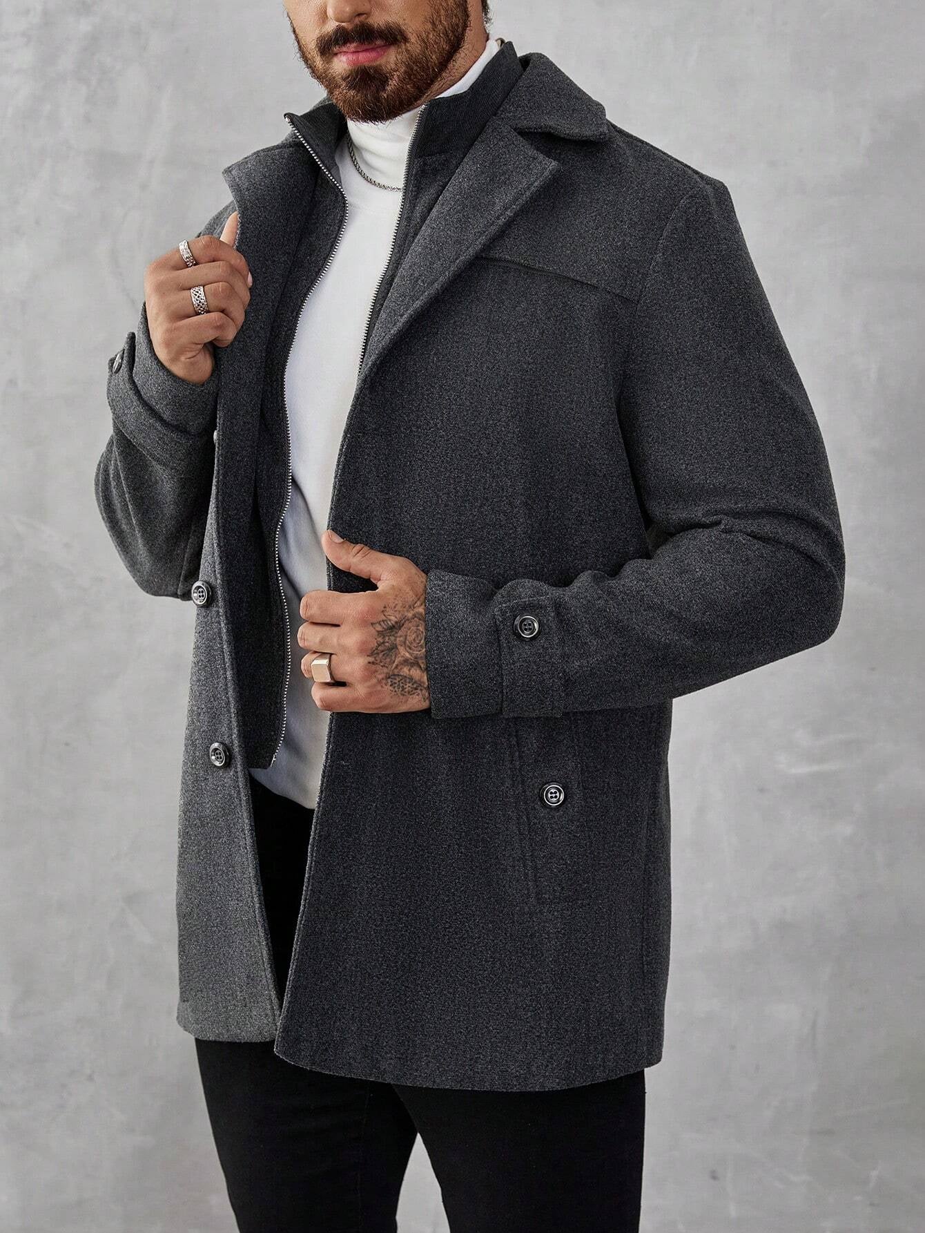 Manfinity Mode Men'S Solid Color Zip Front Casual Loose Autumn Going Out Casual Dark Grey Overcoat, for Friends, Husband, Boyfriend Gifts, Old Money Style