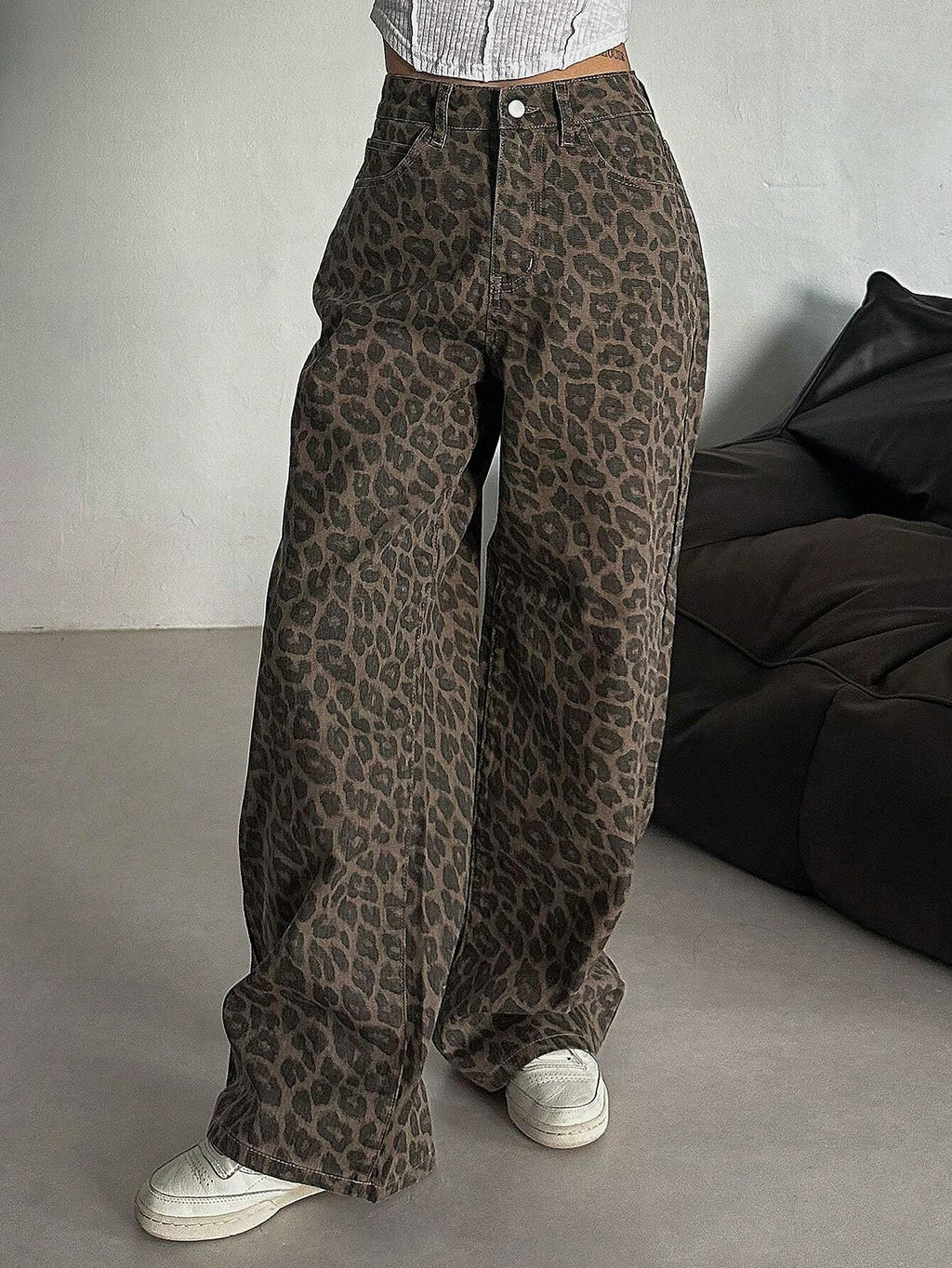 DAZY Women'S Leopard Print Loose Pocket Casual Versatile Denim Jeans Y2K
