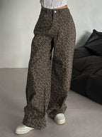 DAZY Women'S Leopard Print Loose Pocket Casual Versatile Denim Jeans Y2K