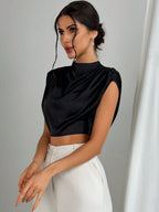 Firerie Women'S Solid Color Stand Collar Blouse with Pleats,Ladies Casual,Elegant Ruched Cap Sleeve Stand Collar Regular Fit Crop Black Batwing Sleeve Top Women Blouses,Spring/Summer,Casual Daily Wear