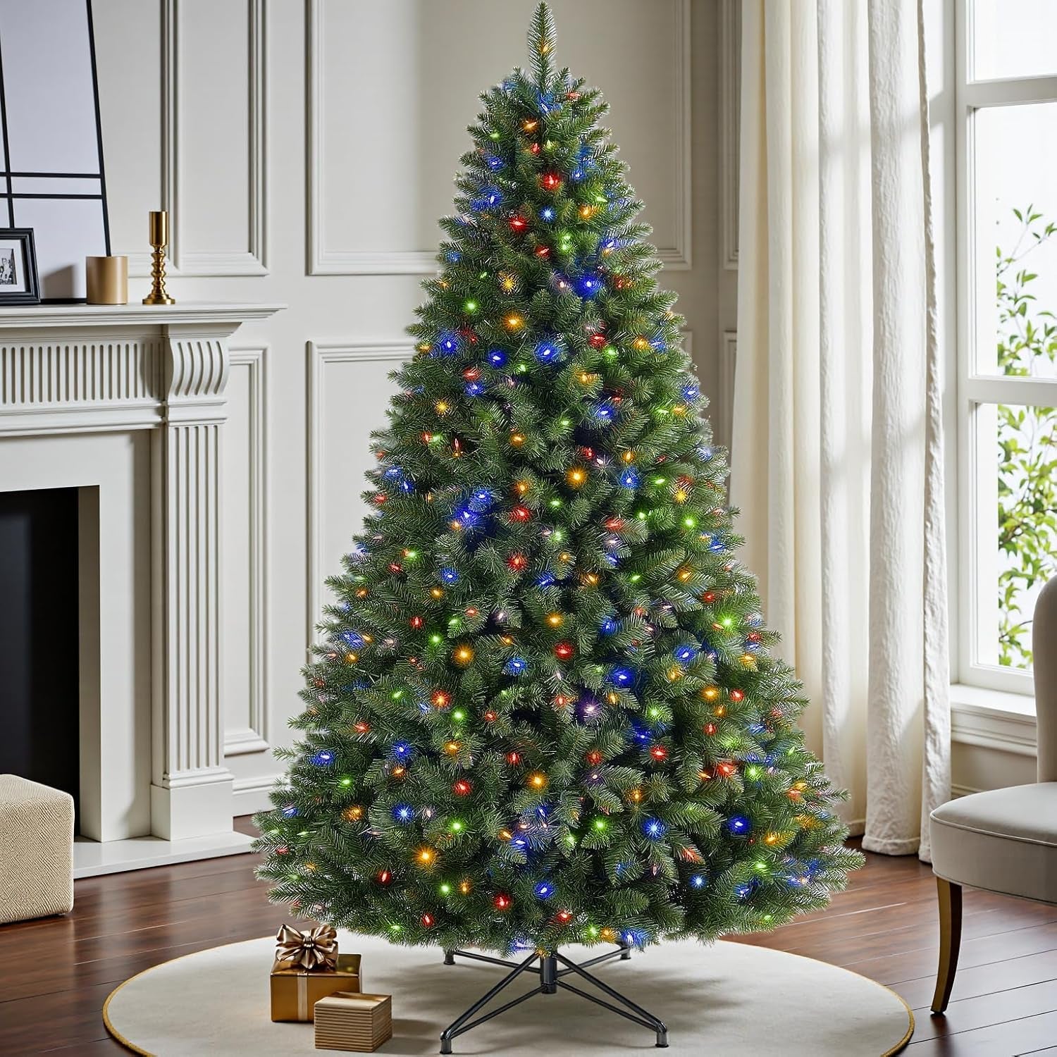 7.5 FT Pre-Lit Christmas Tree Spruce with Remote Control, 450 Warm White Multi-Color Changing LED Lights, Artificial Hinged/Feel Real/Realistic for Home, Holiday Decoration Dual Color LED