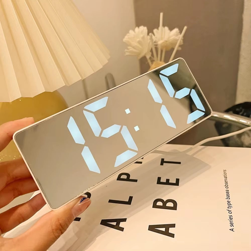 Smart Alarm Clock Bedside Table Led Alarm Clock Digital Children'S Electronic Alarm Clock Curved Screen Mirror Temperature