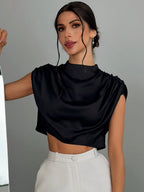 Firerie Women'S Solid Color Stand Collar Blouse with Pleats,Ladies Casual,Elegant Ruched Cap Sleeve Stand Collar Regular Fit Crop Black Batwing Sleeve Top Women Blouses,Spring/Summer,Casual Daily Wear