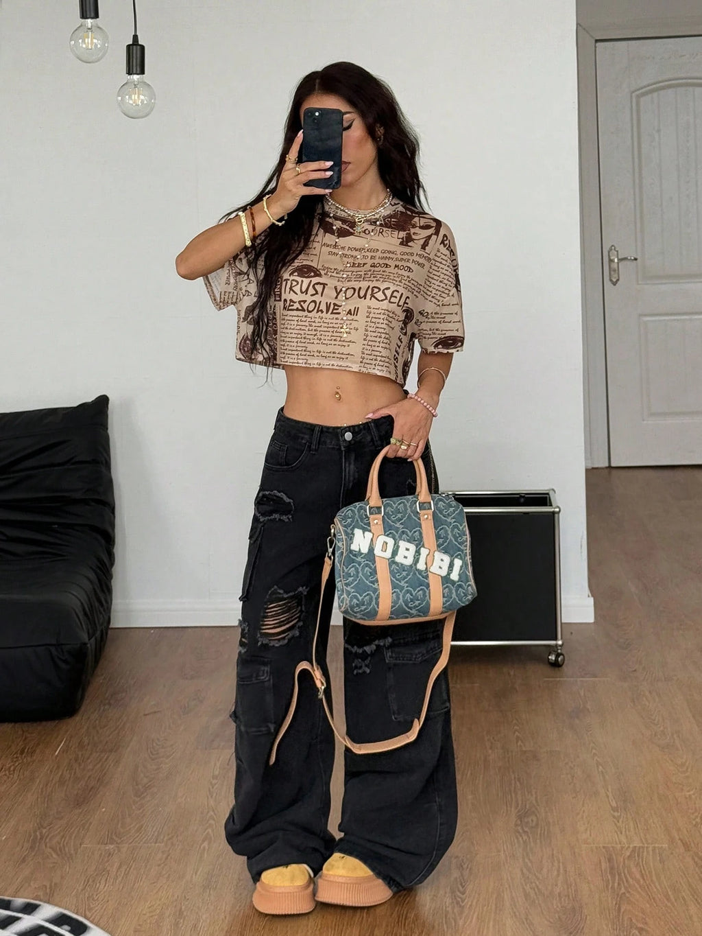 Coolane Women'S round Neck Cropped Newspaper Print Mesh Short Sleeve T-Shirt