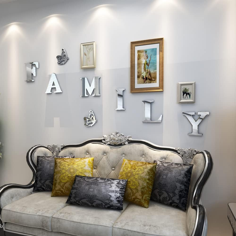 Family Wall Decor Letter Signs Acrylic Mirror Wall Stickers Decorations for Living Room Bedroom Home Decor Wall Decals (Silver, 61 X 23)