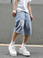 Manfinity EMRG Men'S Loose Fit Casual Denim Bermuda Shorts with Pockets, Summer Denim Shorts Jorts