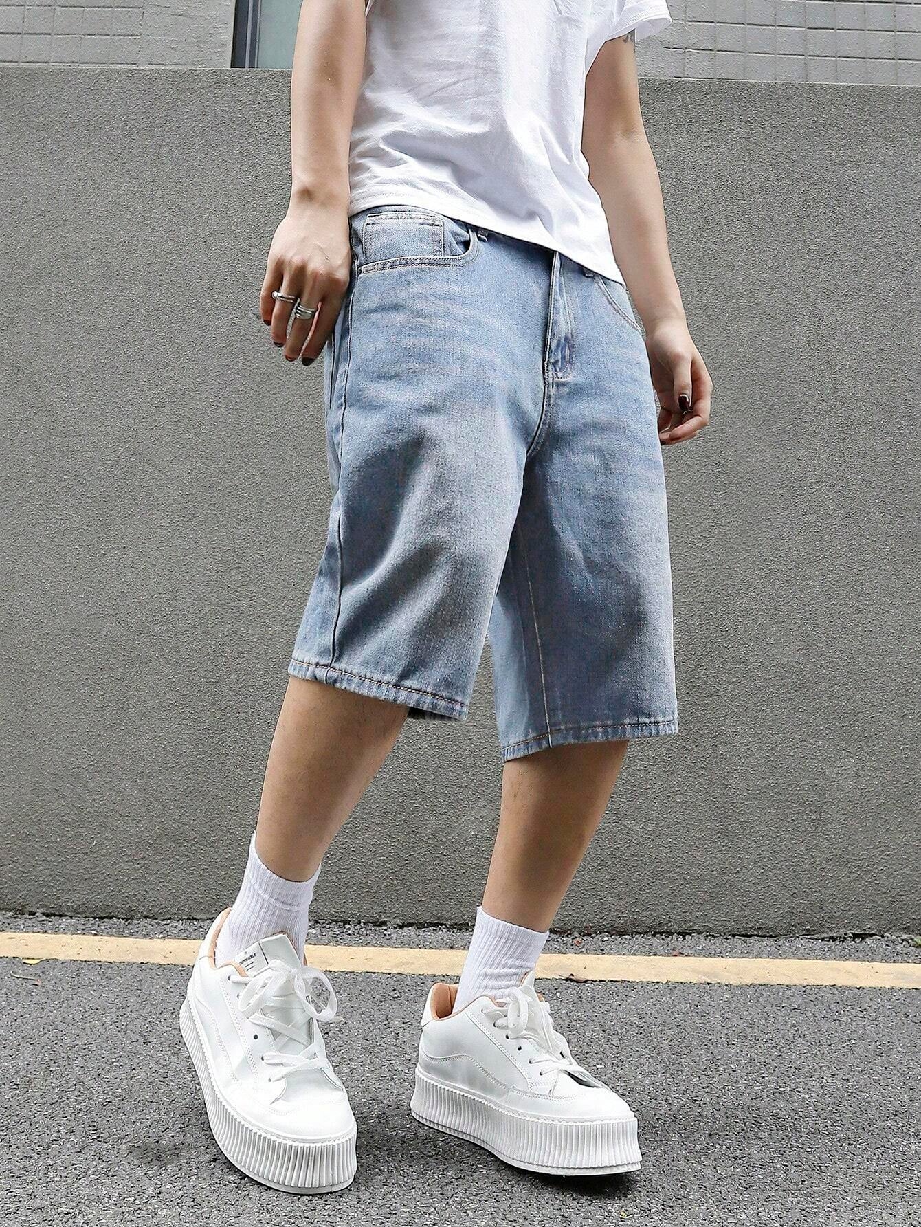 Manfinity EMRG Men'S Loose Fit Casual Denim Bermuda Shorts with Pockets, Summer Denim Shorts Jorts