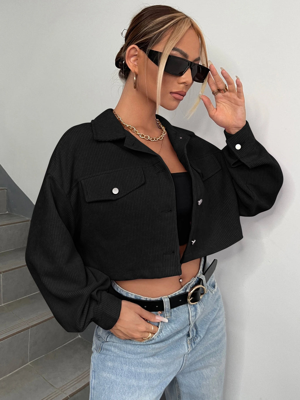 Ezwear Spring Outfits Drop Shoulder Flap Detail Crop Corduroy Jacket in Fall/Winter