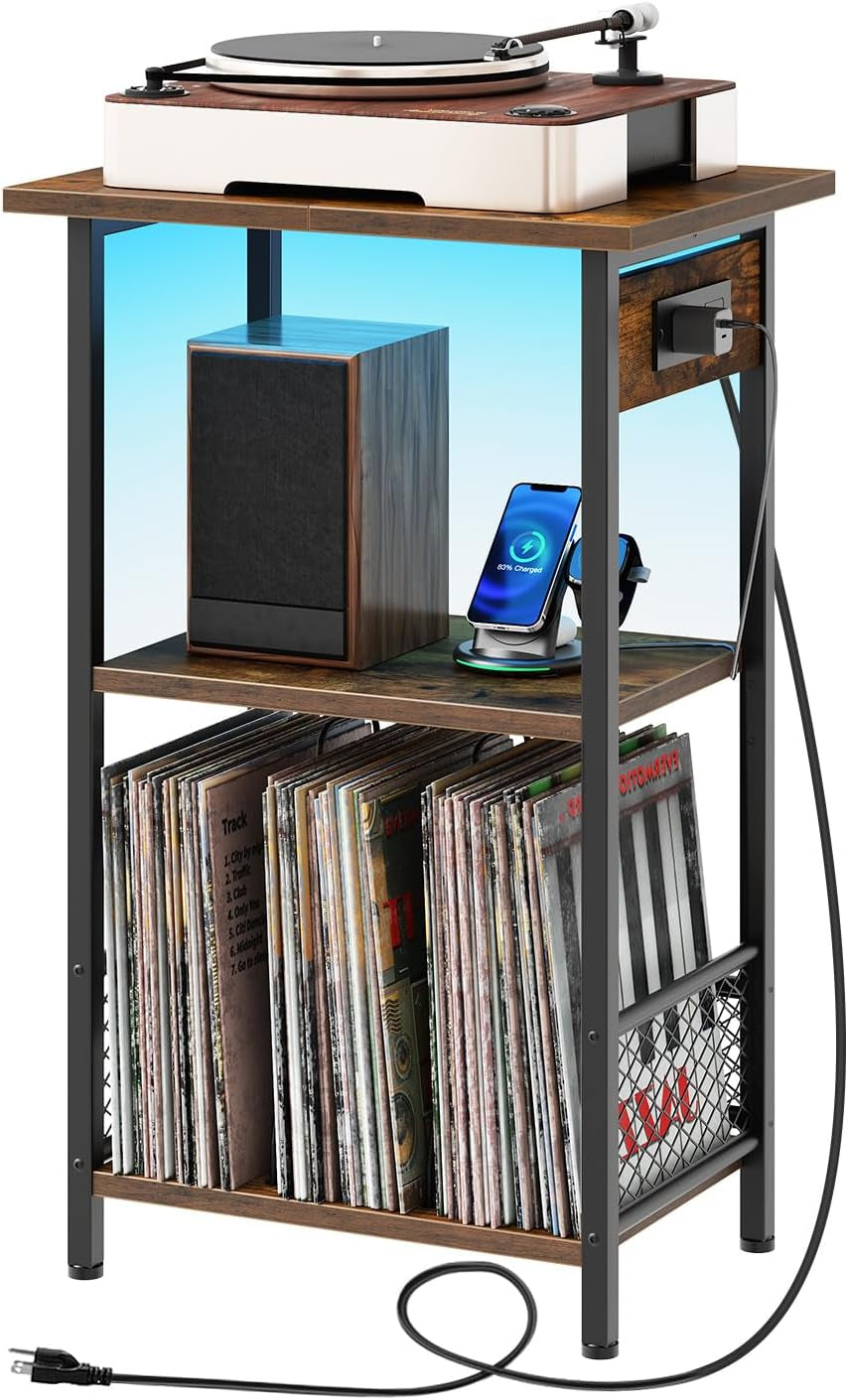 Record Player Stand with Charging Station and LED, Turntable Stand with Storage, 3 Tier End Table Hold up to 100 Albums, Record Table for Vinyl, Living Room, Rustic Brown and Black BF06UDRS01