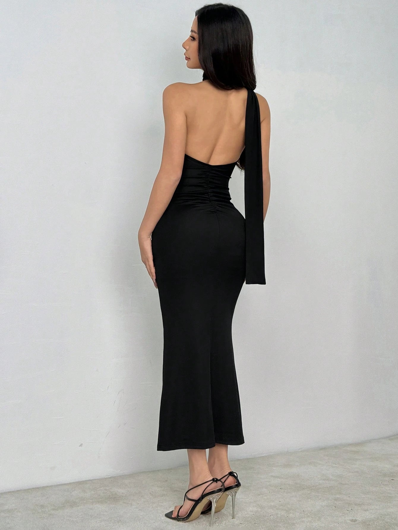 PETITE Solid Halter Neck Backless Bodycon Dress