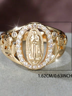 1Pc Exquisite Virgin Mary Inlaid Shiny Cubic Zirconia Ring for Women Hip-Hop Daily Wear Couple Jewelry