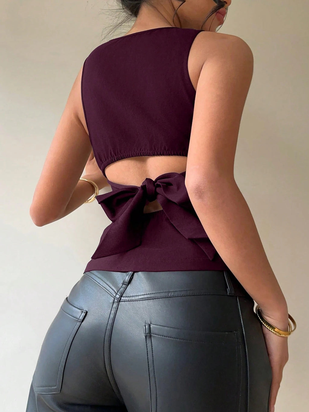 Aloruh Women'S Commuter & Casual Backless Bowknot round Neck Sleeveless Blouse, Purple Top,Rave Top