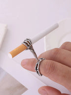 1Pc Personality Skeleton Hand Holding a Cigarette Ring Zinc Alloy Antique Silver