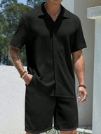 Men 2Pcs Set Fashionable European Style Jacquard Brand Casual Loose Shirt & Pants Suit, Beach Resort Outfit for Couples, Suitable as Gift for Husband/Boyfriend, Cozy Outfits