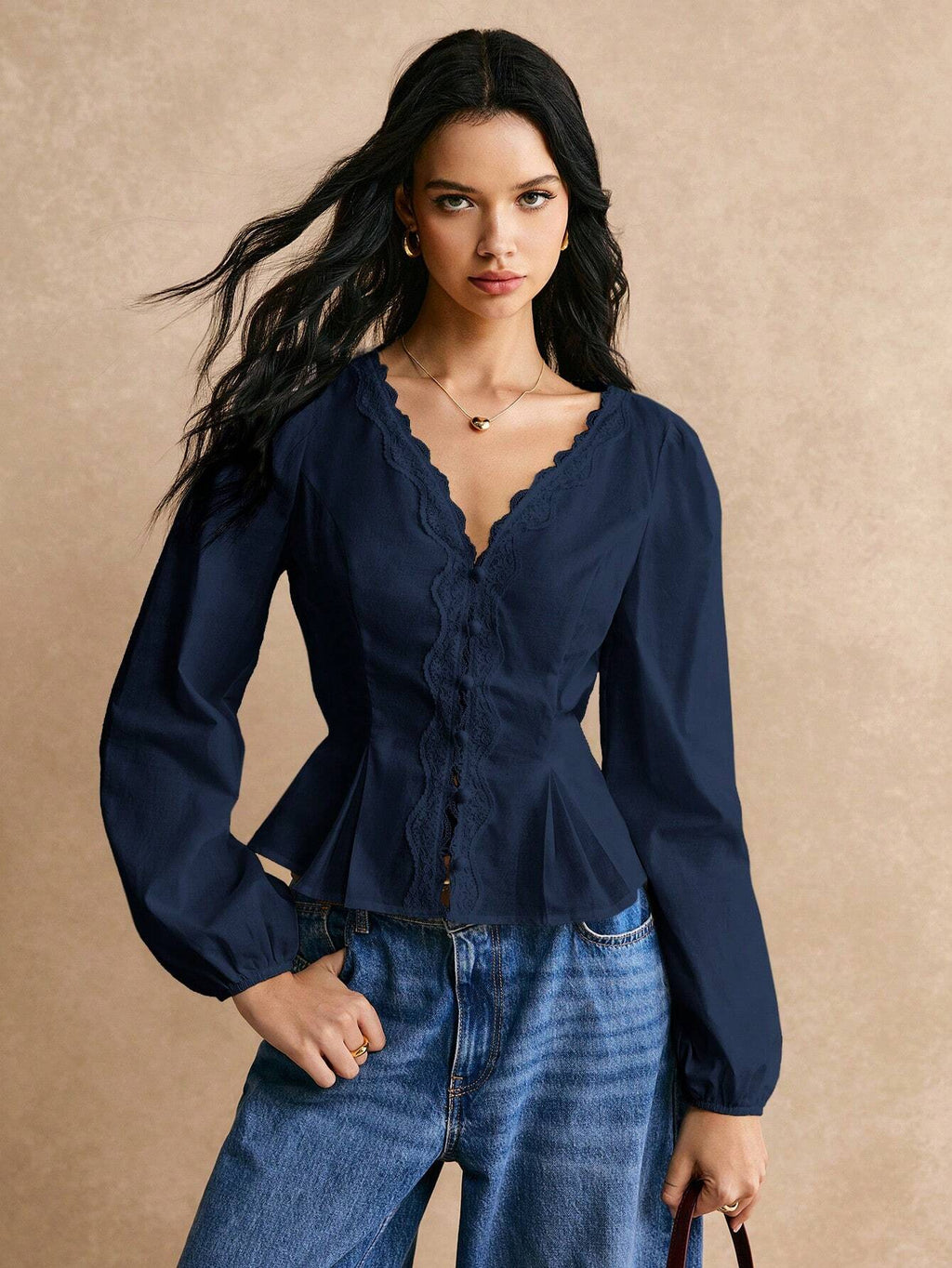 PoéSelle Cotton Elegant Lace Trimmed Waist Button Detail Shirt, Long Sleeve Shirt, Waist Shirt, Lace Top, Lace Shirt, Cotton Shirt, Elegant Waist Detail, for Everyday Work Outing Effortless Chic Essential, FW24, Fall Womenswear