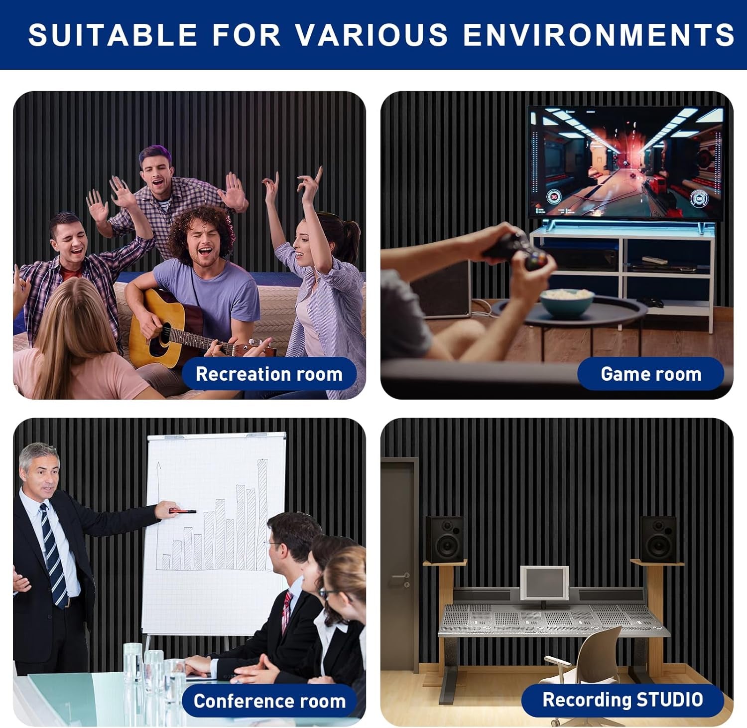 Acoustic Foam Panels, 48 X 24 X 2 Inches, 4 Pack Soundproof Foam Wall Panels High Density Noise Canceling Studio for Echo Absorption Home Office (Black 4 Pack, 48" X 24" X 2")