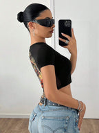 ICON Solid Color Short Sleeve Y2K Back to School Women Black T-Shirt with Chinese Dragon Print