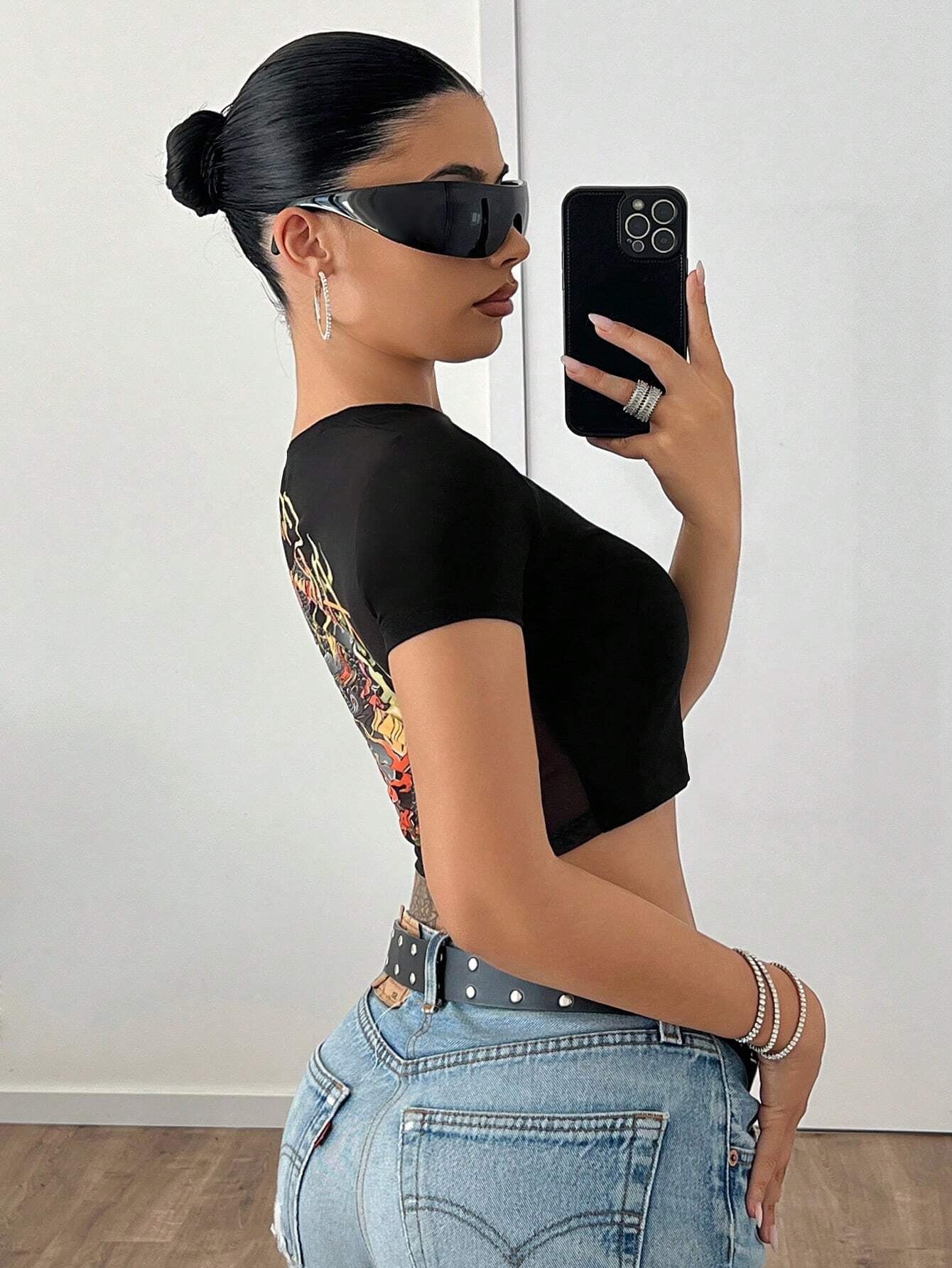 ICON Solid Color Short Sleeve Y2K Back to School Women Black T-Shirt with Chinese Dragon Print