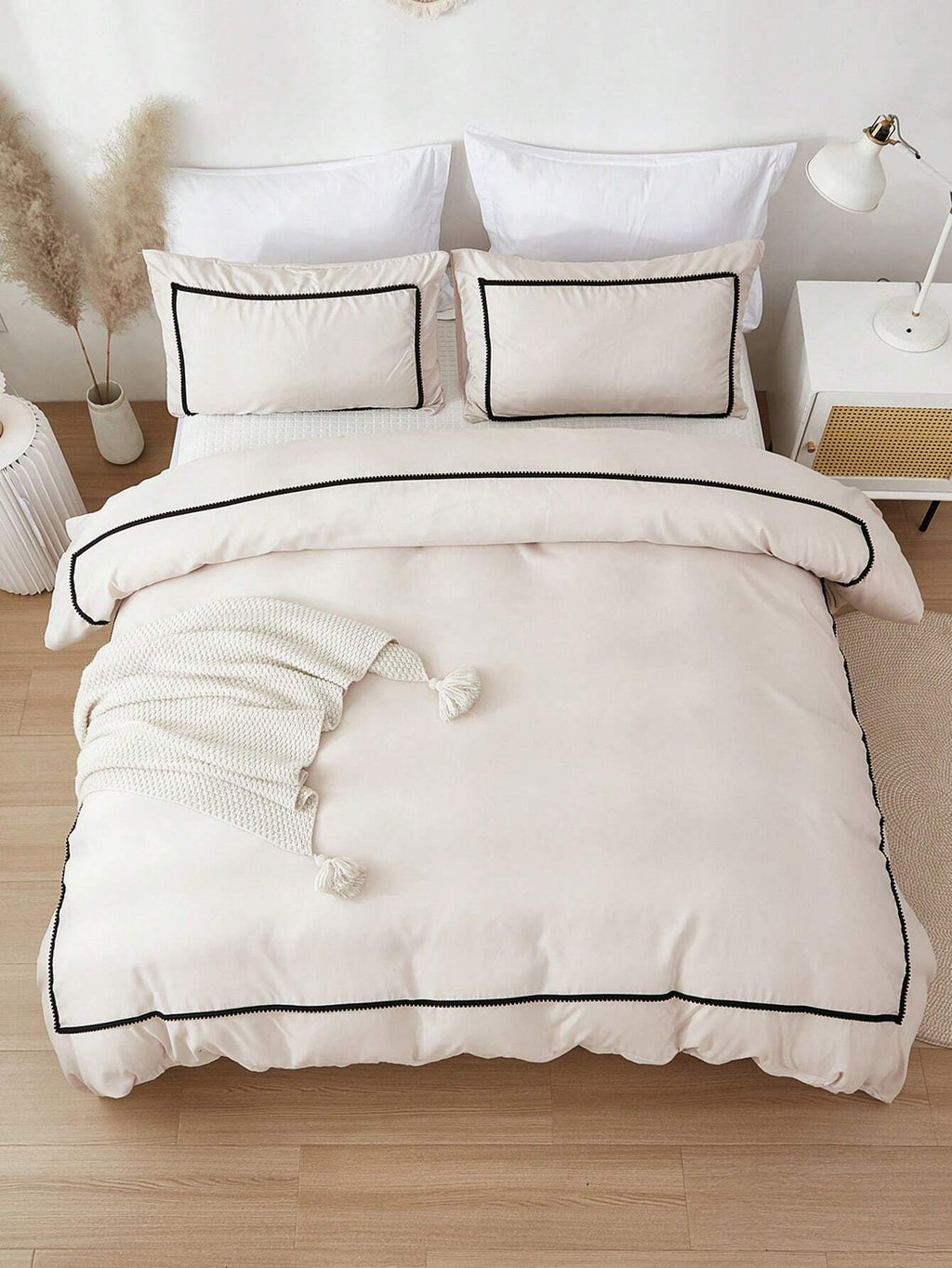 Beige Duvet Cover Set Boho Farmhouse Bedding Set 3 Pieces Mini Black Pom Pom Decor Beige Comforter Cover Soft Microfiber Pom Pom Comforter Cover for Boys Girls 1 Duvet Cover 2 Pillowcases No Comforter
