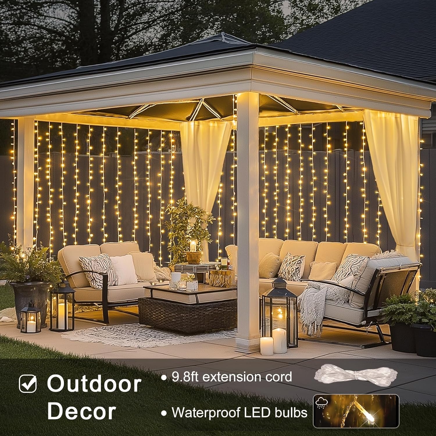 300 LED Remote Control Christmas Curtain Lights, Plug in Fairy Curtain Lights Outdoor, Window Wall Hanging String Lights for Bedroom Backdrop Wedding Party Indoor Patio Xmas Decor, Warm White