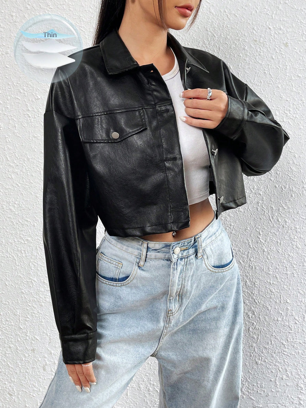 Ezwear 1Pc Flap Detail Drop Shoulder Crop PU Leather Jacket,Ladies Late Fall Casual Button Drop Shoulder Collar Regular Fit Black Plain Women Jackets,Outdoor Activities