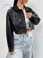 Ezwear 1Pc Flap Detail Drop Shoulder Crop PU Leather Jacket,Ladies Late Fall Casual Button Drop Shoulder Collar Regular Fit Black Plain Women Jackets,Outdoor Activities