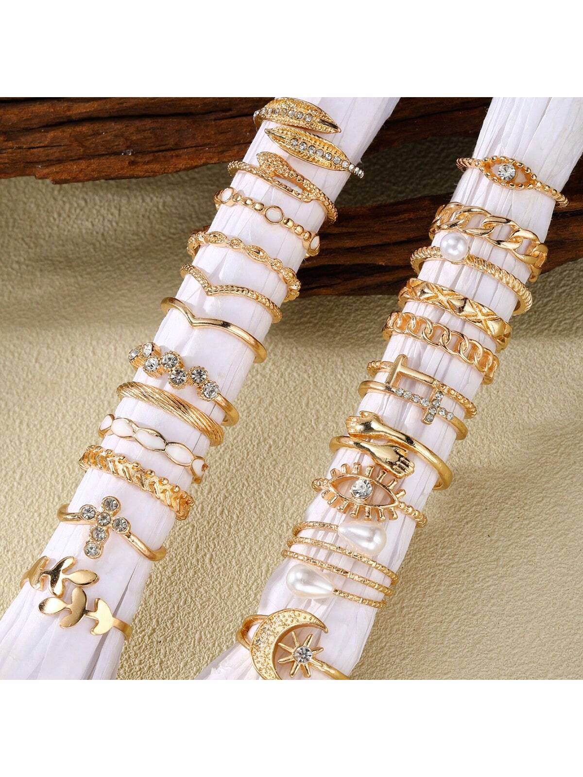 23Pcs Luxury Eye, Faux Pearl, Multi-Element Ring Set with Rhinestone Decoration, for Women Daily Wear