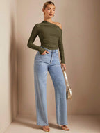 BAE 1Pc Women Solid Asymmetric Draped Sheer Fitted Long Sleeve Top