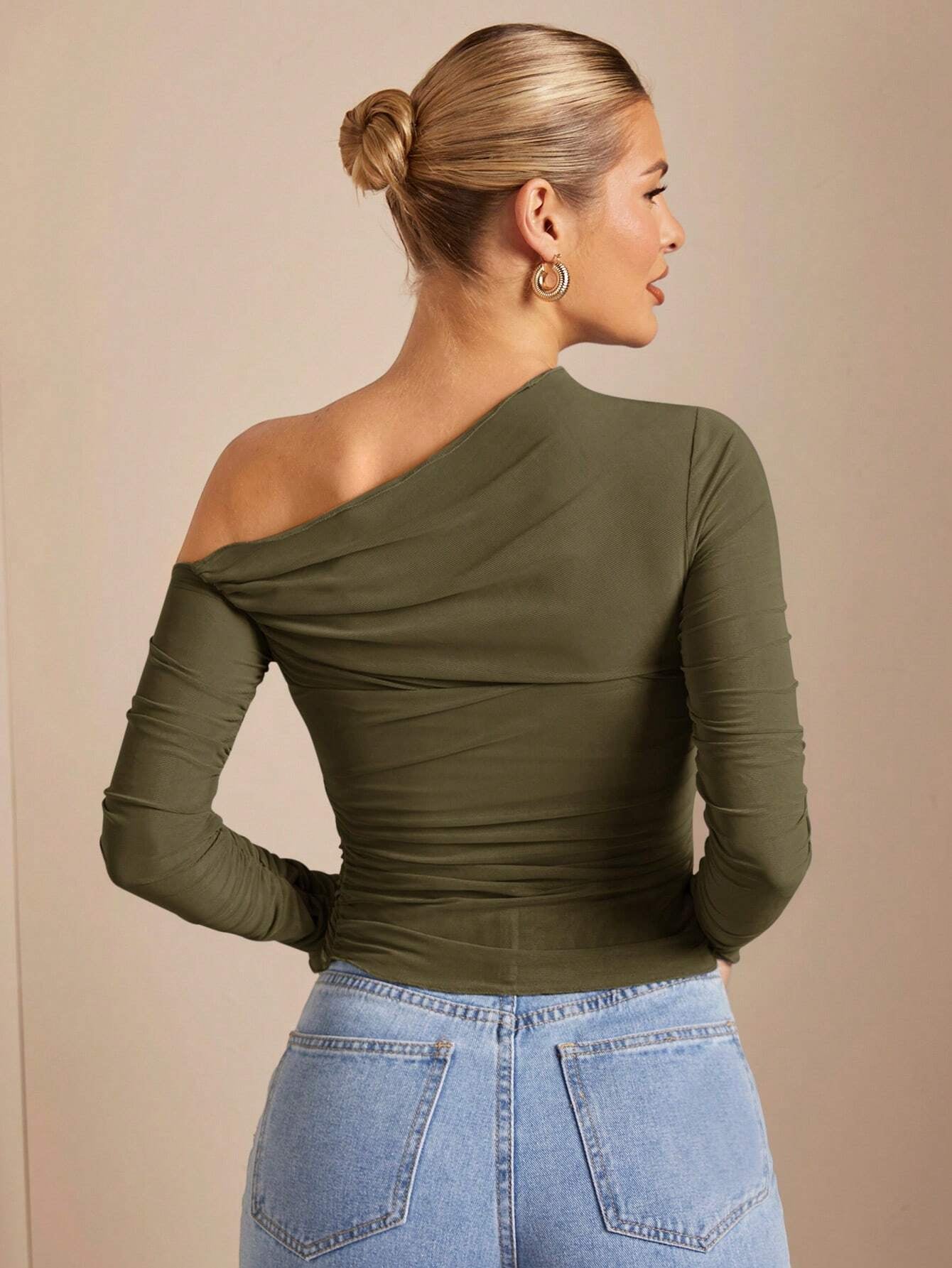 BAE 1Pc Women Solid Asymmetric Draped Sheer Fitted Long Sleeve Top