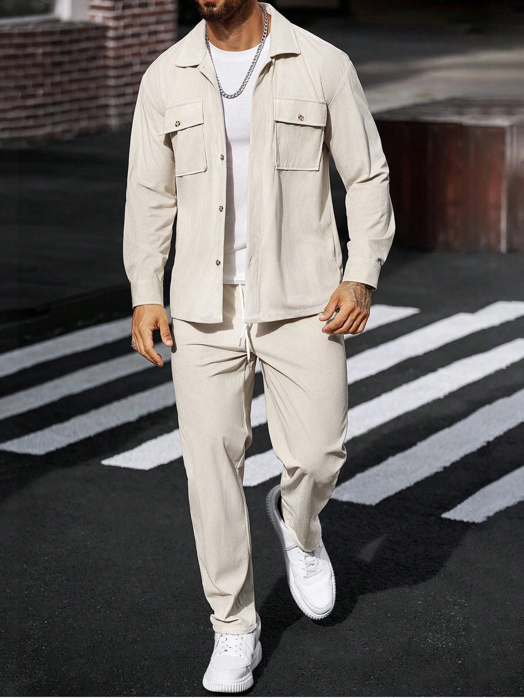 Manfinity Casualcool 2Pcs Set Men Corduroy Long Sleeve Work Shirt & Pants, Fall Clothes