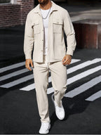 Manfinity Casualcool 2Pcs Set Men Corduroy Long Sleeve Work Shirt & Pants, Fall Clothes