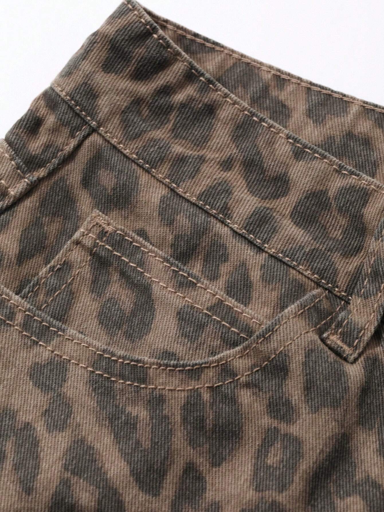 DAZY Women'S Leopard Print Loose Pocket Casual Versatile Denim Jeans Y2K