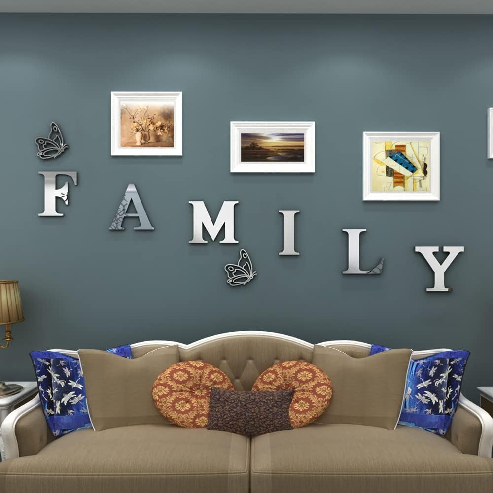 Family Wall Decor Letter Signs Acrylic Mirror Wall Stickers Decorations for Living Room Bedroom Home Decor Wall Decals (Silver, 61 X 23)