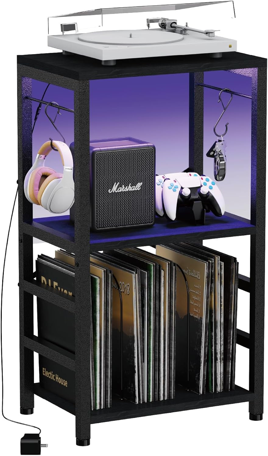 End Table with LED Light,Record Player Stand with Albums Storage,Vinyl Records Storage,Turntable Stand Side Table for Music Room Studio Living Room Bedroom-Modern Black