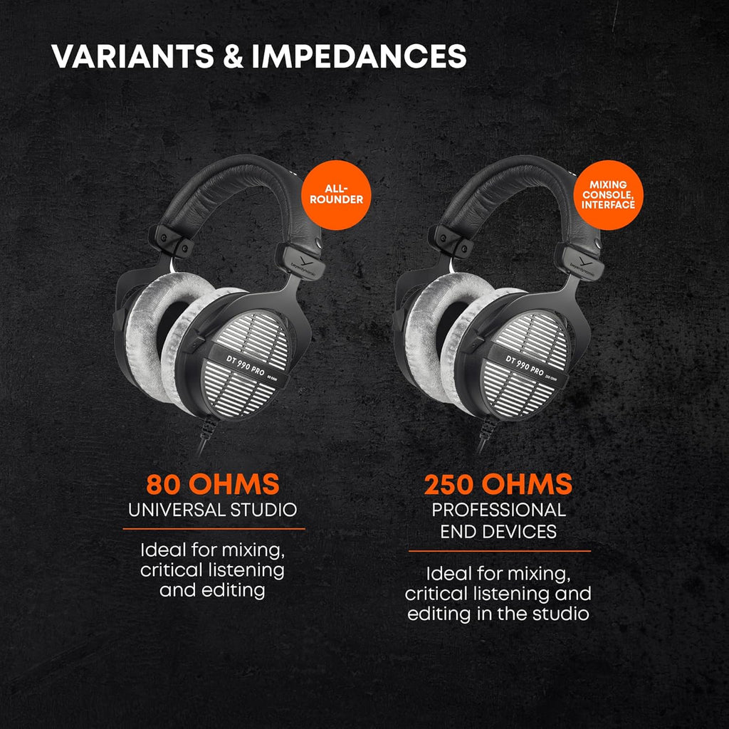 DT 990 PRO Over-Ear Studio Monitor Headphones - Open-Back Stereo Construction, Wired (80 Ohm, Grey)