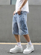 Manfinity EMRG Men'S Loose Fit Casual Denim Bermuda Shorts with Pockets, Summer Denim Shorts Jorts