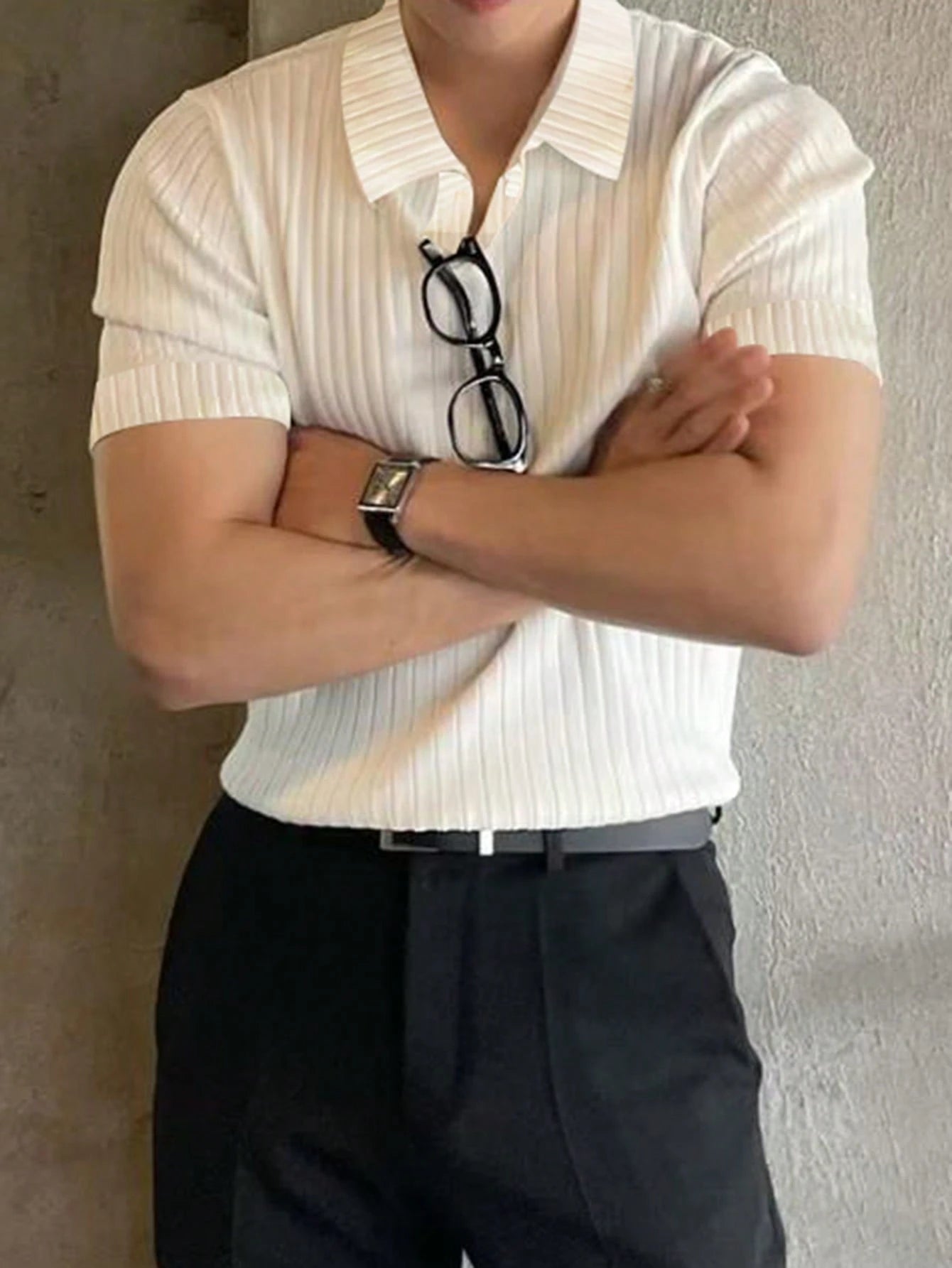 Manfinity Homme Men Ribbed Knit Button Office Plain Casual Polo Shirt, for Husband, Old Money Style