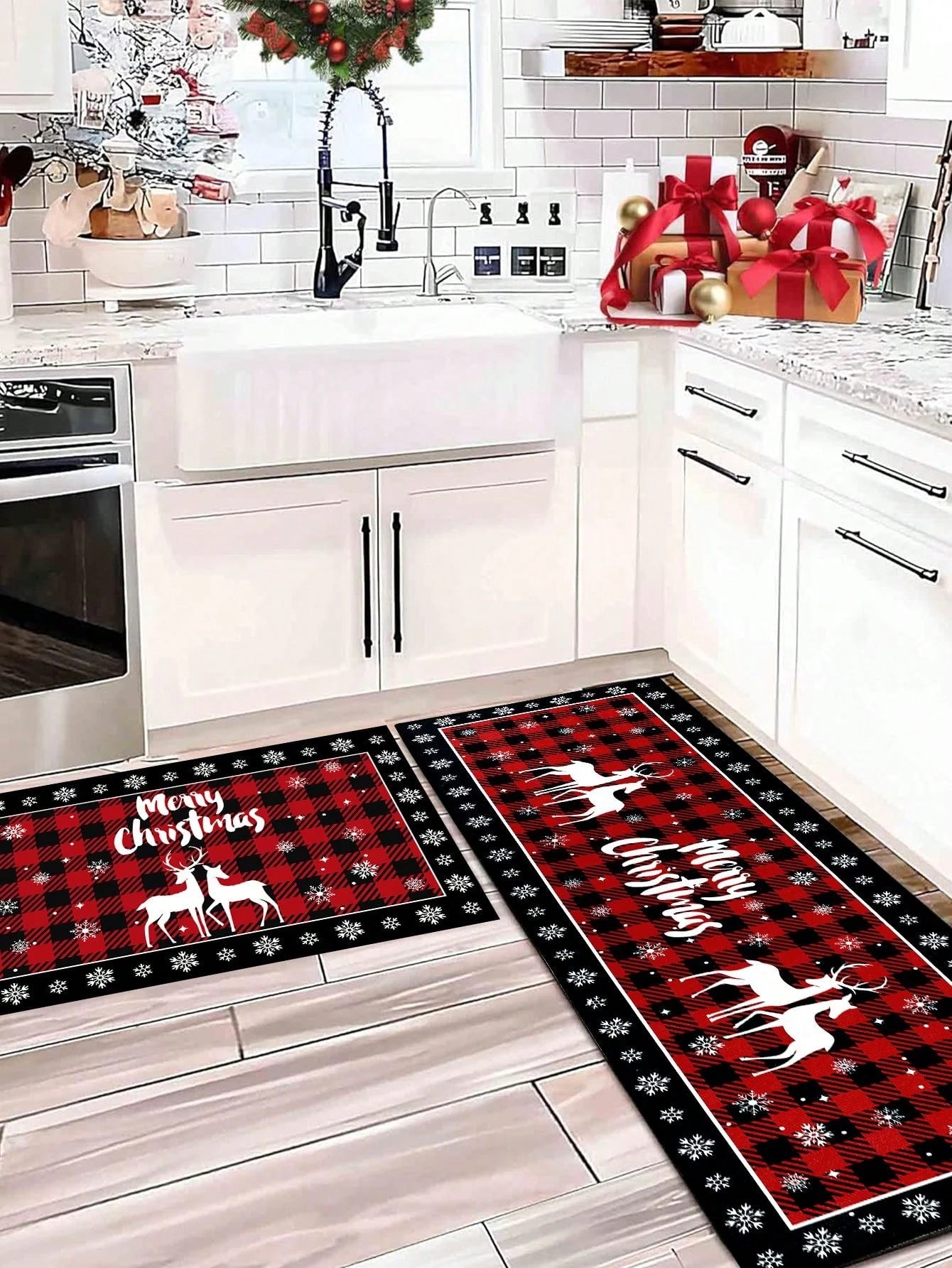 Christmas Kitchen Mat, Merry Christmas Elk Winter Snowflake Red Buffalo Check Plaid Non Slip Thick Kitchen Rugs and Mats for Floor Comfort Standing Mats for Kitchen, Sink, Office, Laundry, Christmas Decor Home Decor 2024 Happy New Year 2025 Gifts,Christmas