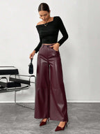 Siren Gaze Women'S Burgundy Red Leather Women Pants Plain Front-Button Minimalist Casual Pants, Daily Wear, Women Bottoms