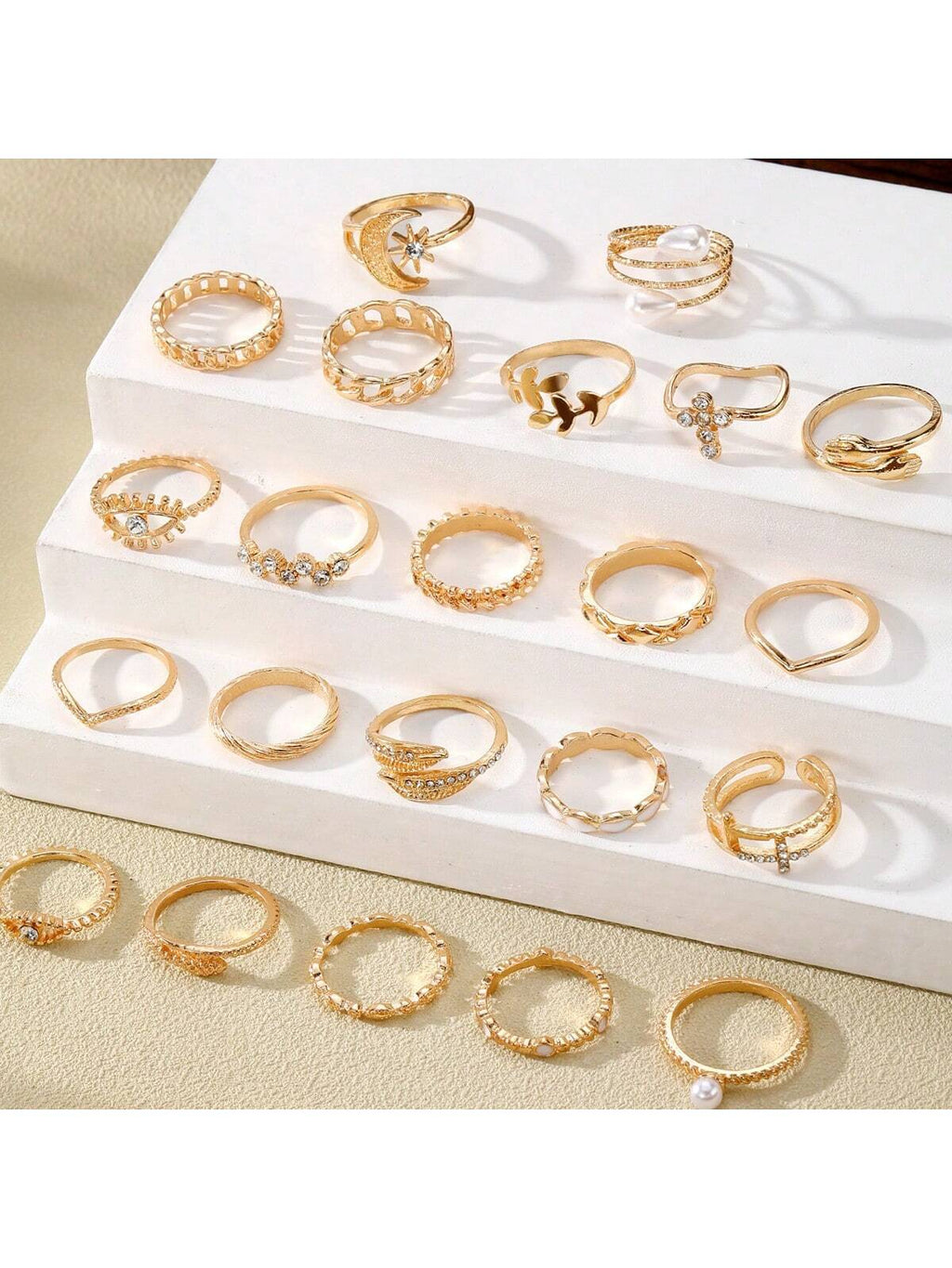 23Pcs Luxury Eye, Faux Pearl, Multi-Element Ring Set with Rhinestone Decoration, for Women Daily Wear