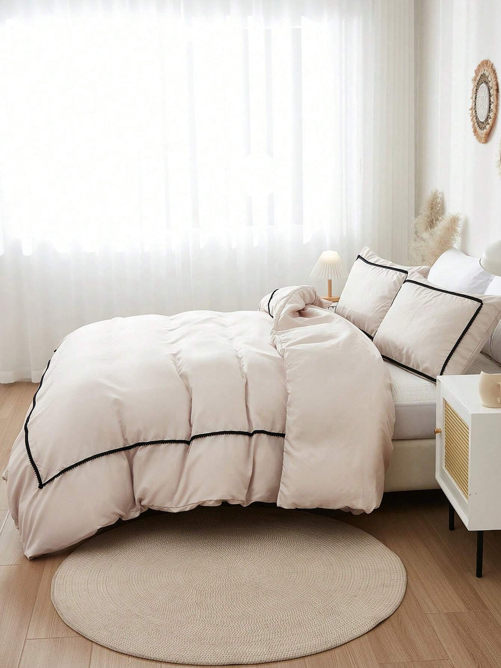 Beige Duvet Cover Set Boho Farmhouse Bedding Set 3 Pieces Mini Black Pom Pom Decor Beige Comforter Cover Soft Microfiber Pom Pom Comforter Cover for Boys Girls 1 Duvet Cover 2 Pillowcases No Comforter