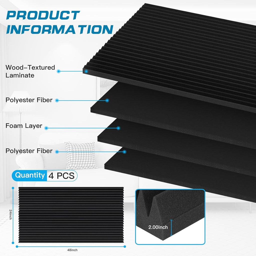 4 PCS Acoustic Panels,48''X24''X2'' Soundproof Foam Wall Panels,High Density Fireproof Noise Cancelling Foam Studio Foam Panel,Noise (Black-4 Pack)