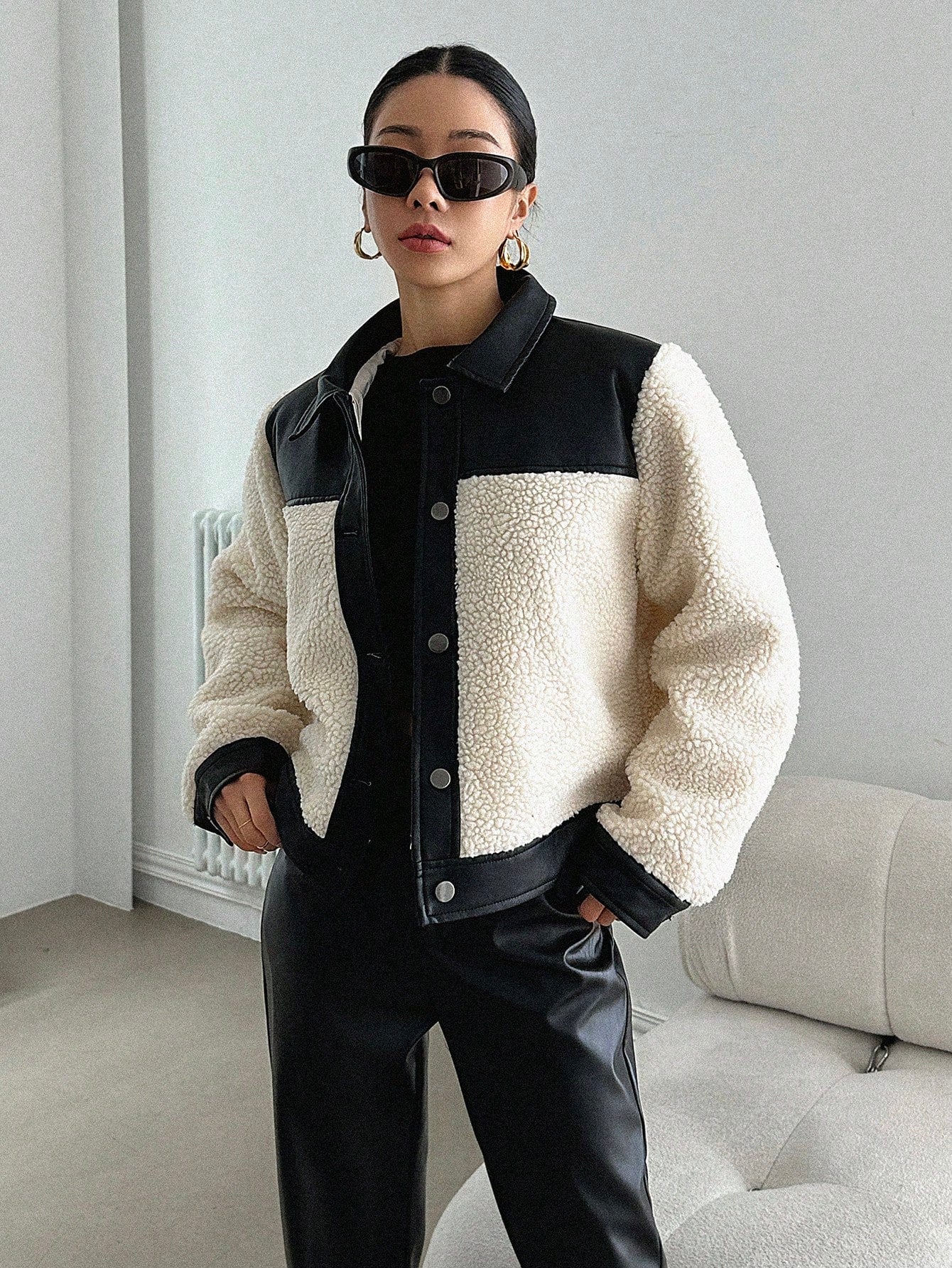 DAZY Women'S Autumn/Winter Patchwork Sherpa Casual Single-Breasted Jacket